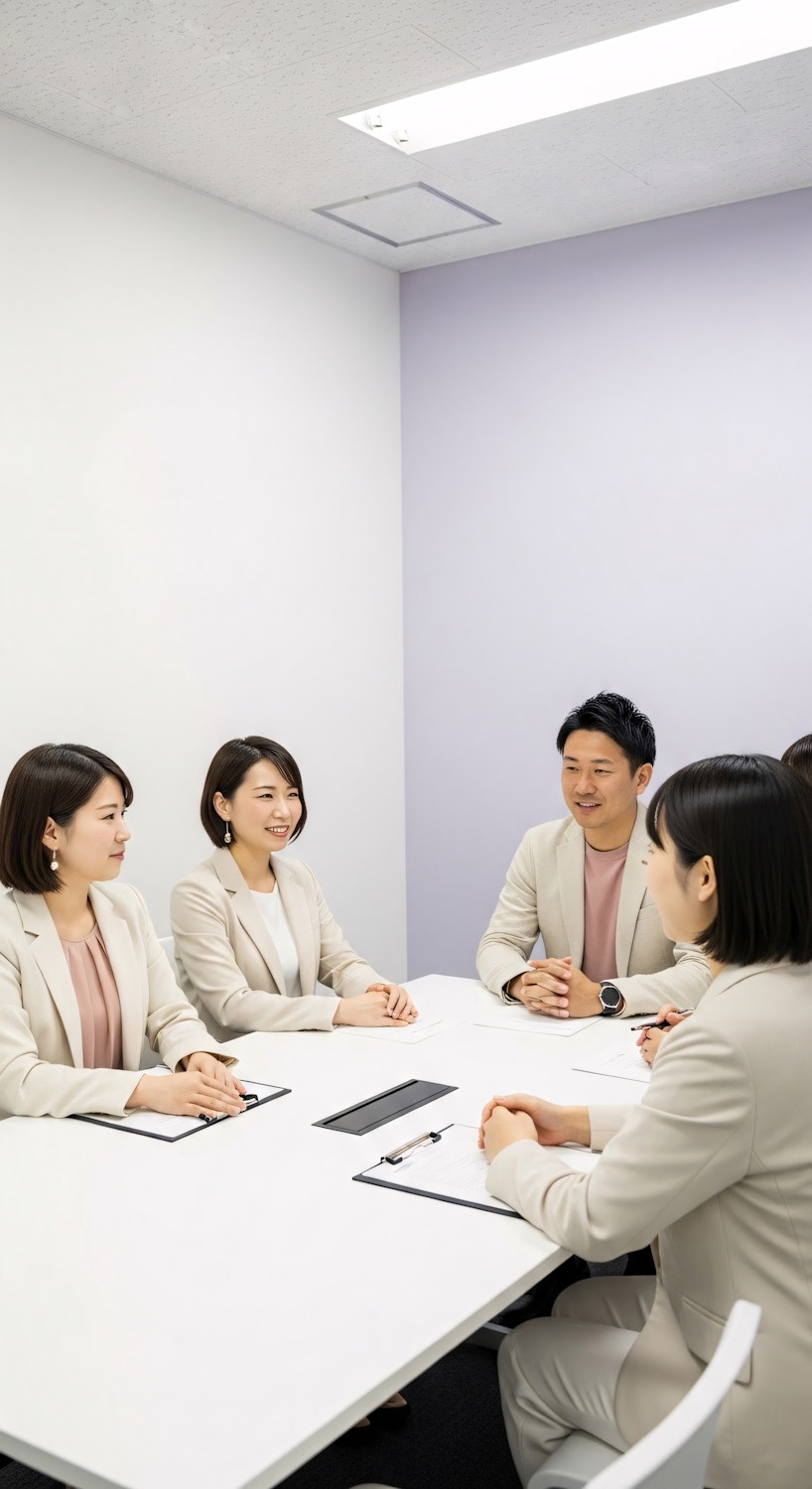 A group seated around a large white table in a bright room, talking through work in progress.