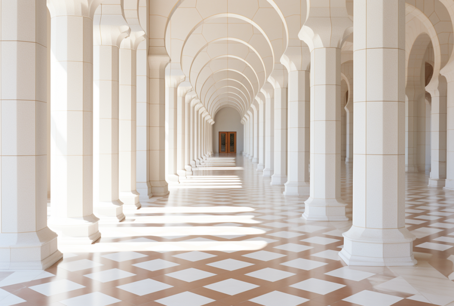 A white arched corridor with patterned geometric floor tiles, sunlight falling across it towards a pair of wooden doors.