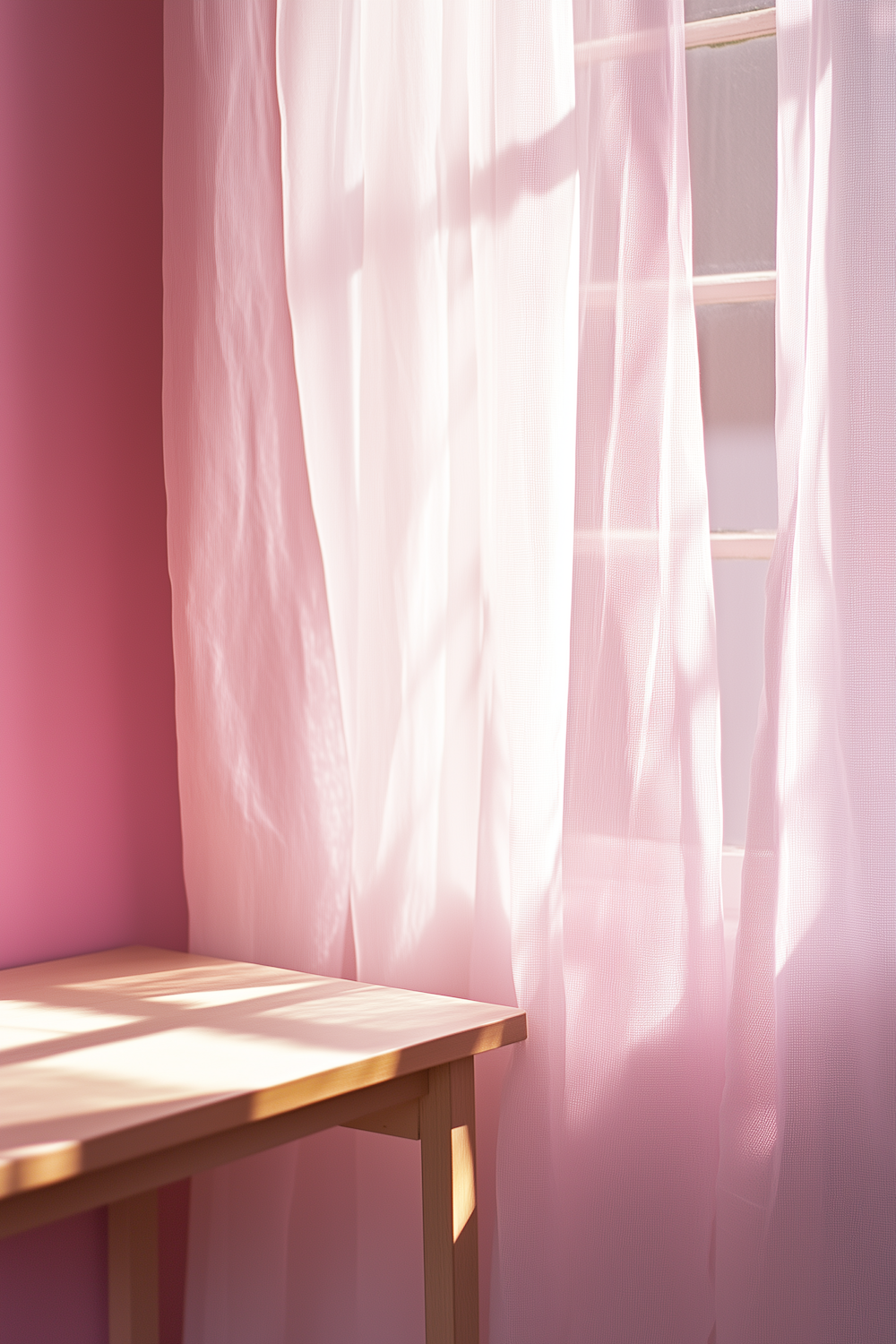 Sunlight filtering through soft pink curtains onto a wooden table, casting warm layered shadows.