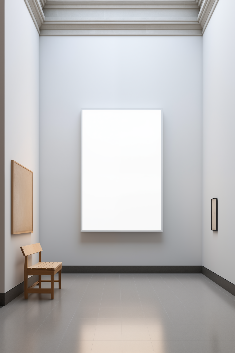 A minimal gallery interior with a large illuminated canvas, a wooden bench and works hung on white walls.